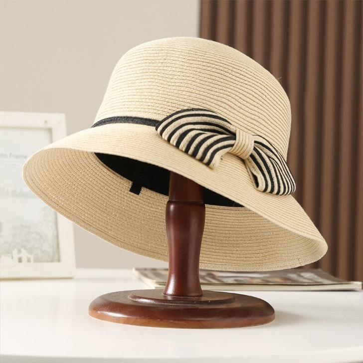 (해외) 여자 리본 장식 여름 밀짚 모자 페도라 햇빛 차단 비치 캡 우아한 패션 모자